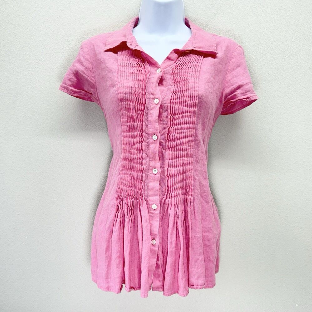 Talbots Pure Irish Linen Button Up Top Size M Pinch Pleat Beachy Salmon Pink